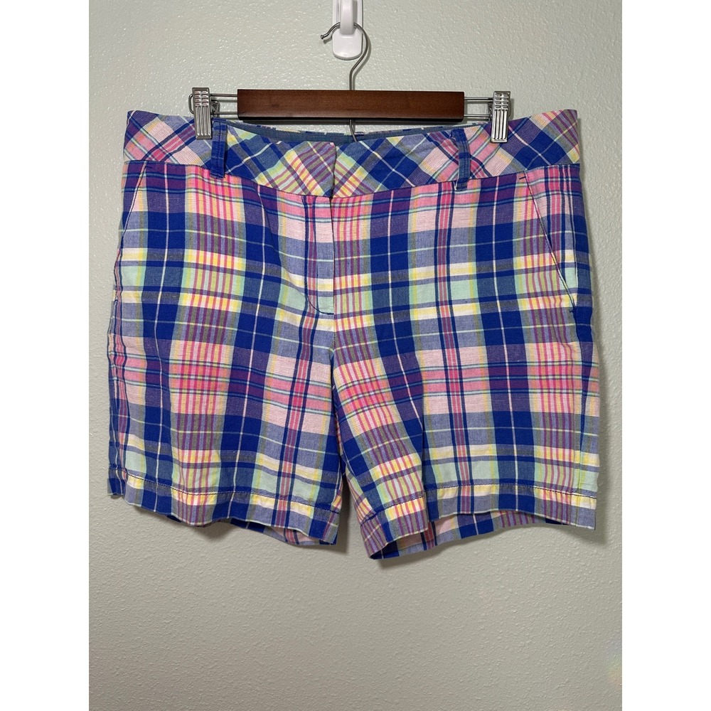 Talbots Womens Size 12 Plaid Shorts Blue Pink Yellow Linen Cotton Blend Preppy